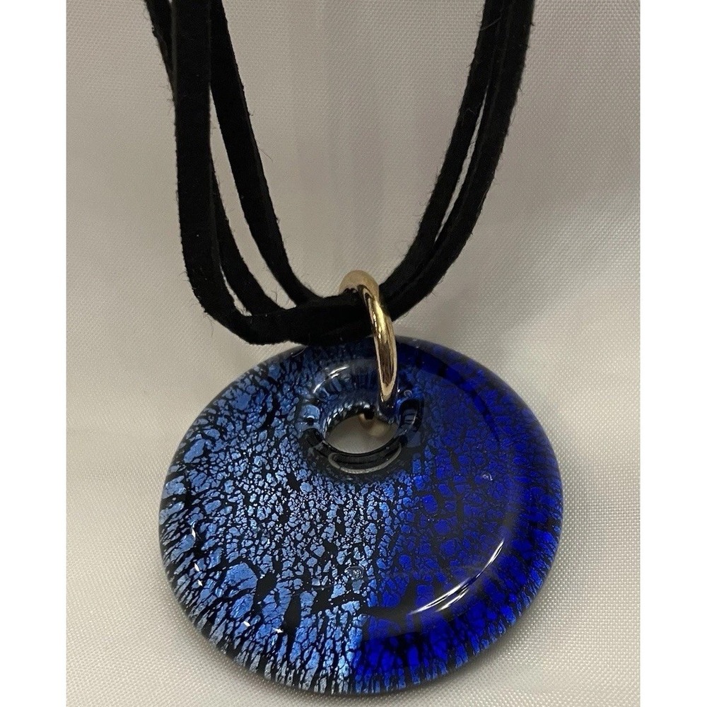 Cobalt Blue Glass Tranquility Crackle Donut Statement Pendant & Black Necklace